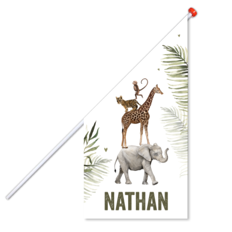 Geboortevlag in junglestijl met hartjes tussen de bladeren