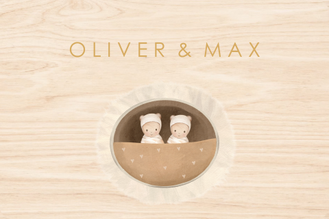 Memorybox met tweeling in een mandje en okergele namen