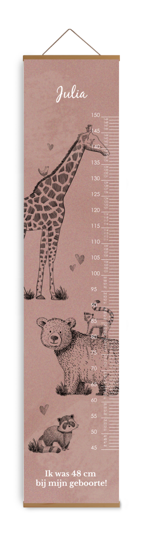 Bewerkbare groeimeter kinderkamer paars met getekende dieren
