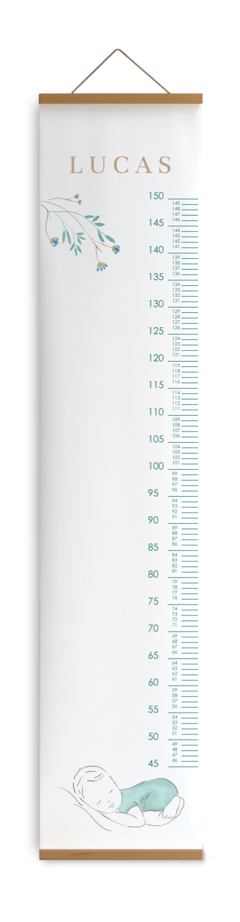 Groeimeter kinderkamer met baby lijntekening en takjes
