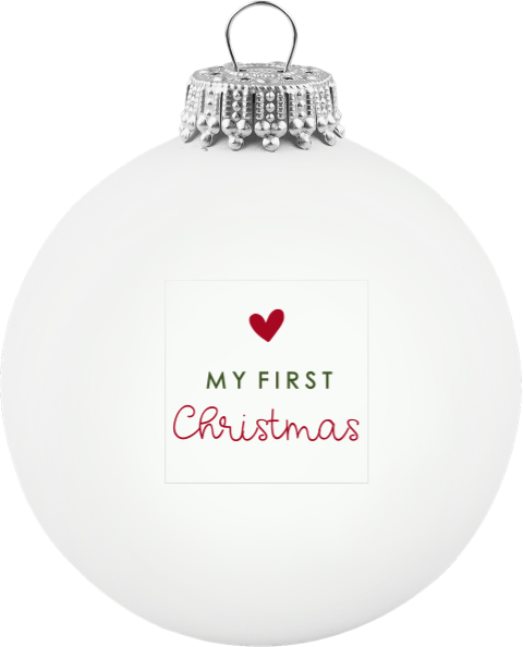 Kerstbal wit met hartje en tekst 'my first christmas'