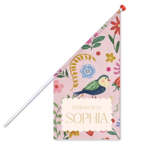 Roze vrolijke geboortevlag met bloemen en vogeltjes
