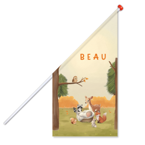 Geboortevlag met baby in mand, bosdieren en herfstlucht