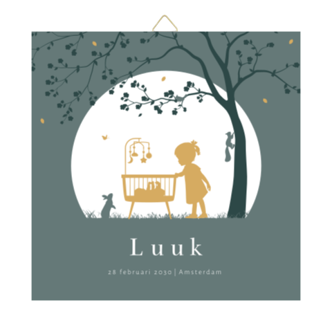 Geboortetegeltje blauw met wiegje en boom