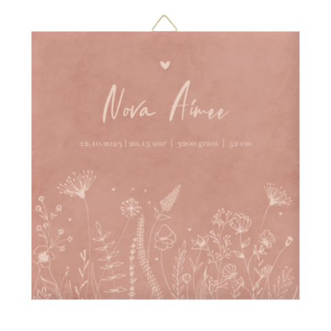 Geboortetegeltje roze met lijntekening bloemen