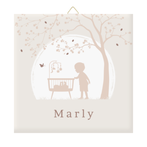 Geboortetegeltje beige met wiegje en silhouetje grote broer
