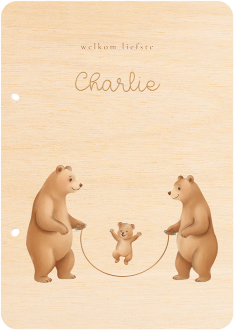 Houten bewaarbundel met berenfamilie en springtouw