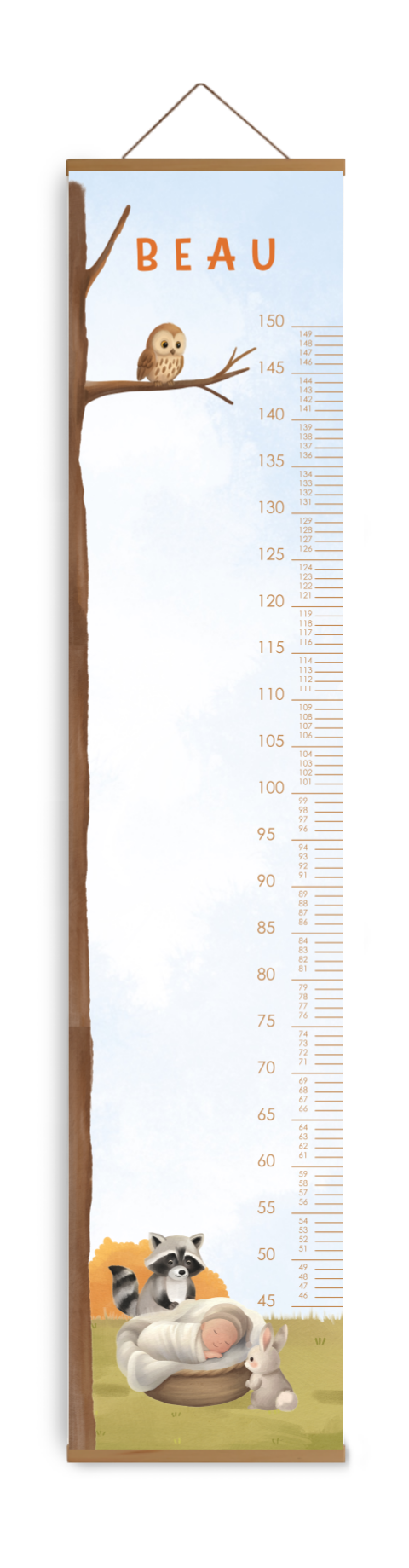 Bewerkbare groeimeter kinderkamer met bosdieren en blauwe lucht