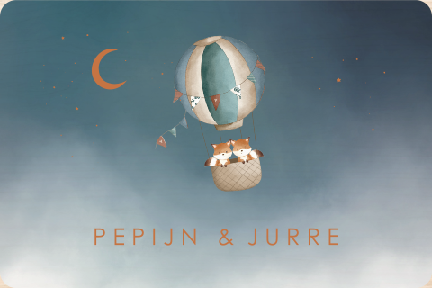 Memorybox blauw met tweeling vosjes in luchtballon en maan