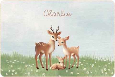 Memorybox met hertengezin in het gras en bloemen