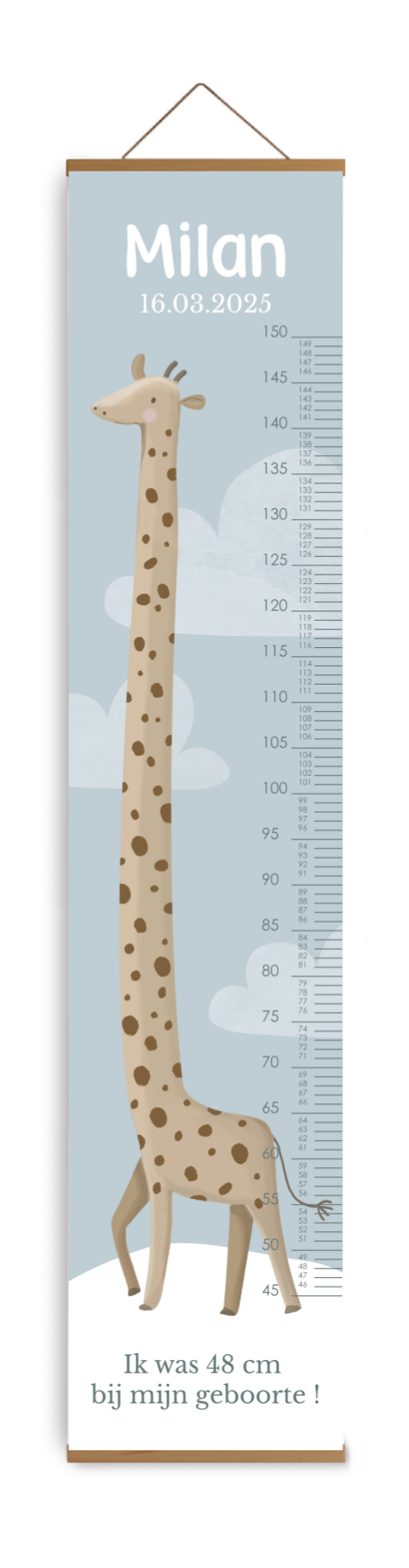 Bewerkbare groeimeter kinderkamer blauw met hippe giraffe