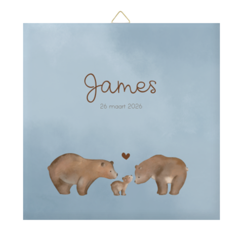 Blauwe geboortetegel met watercolour en berenfamilie