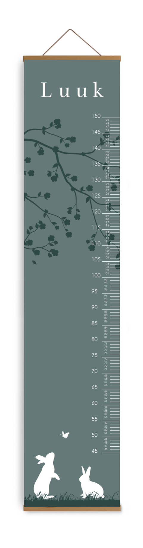 Groeimeter kinderkamer blauw met boom en konijntjes