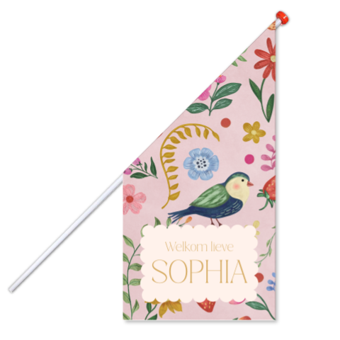 Roze vrolijke geboortevlag met bloemen en vogeltjes