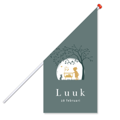 Grijze geboortevlag met boom en silhouet zusje