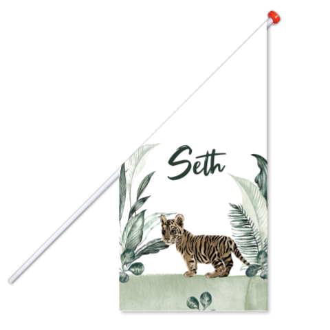 Geboortevlag met leeuwtje en junglebladeren