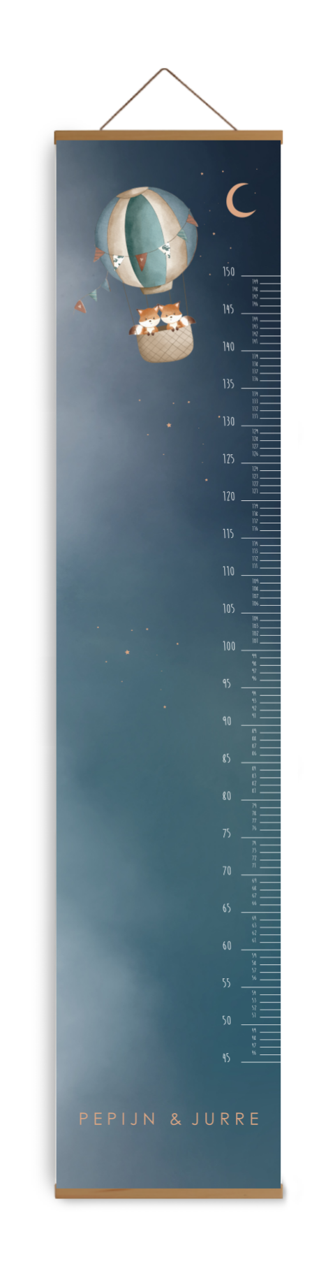 Bewerkbare groeimeter kinderkamer blauw met luchtballon en vosjes