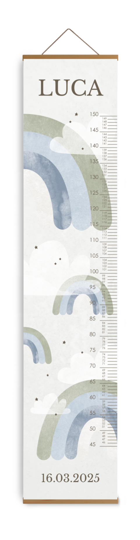 Bewerkbare groeimeter kinderkamer groen en blauw met regenboogjes