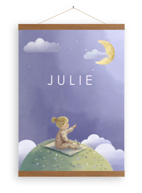 Canvas met illustratie van meisje en maan