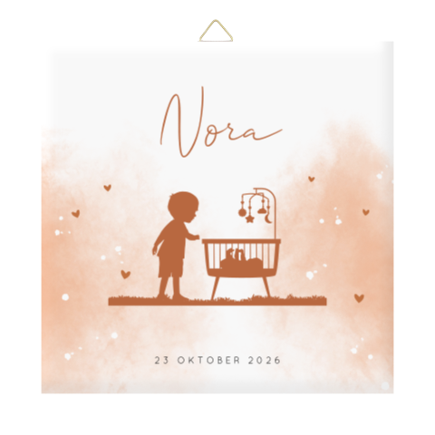 Geboortetegeltje watercolour met wiegje en silhouetje grote broer