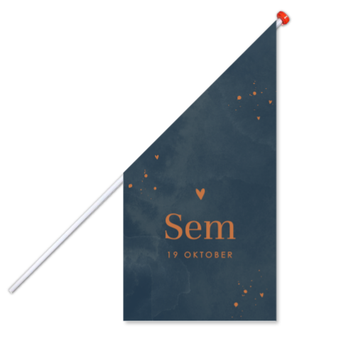 Geboortevlag donkerblauw met tekst in koperkleur