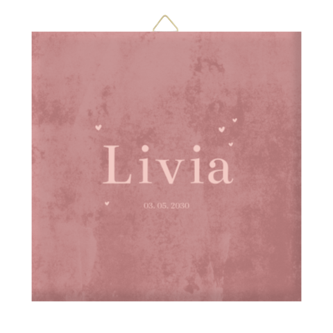 Geboortetegel roze velvet-look met naam en hartjes
