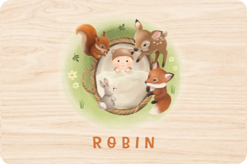 Memorybox met baby mandje en bosdieren in het gras