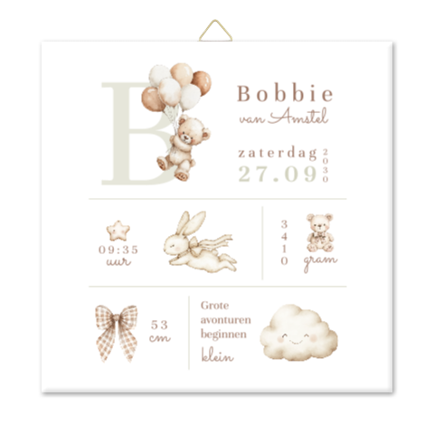 Geboortetegel met geboortegegevens en vakjes