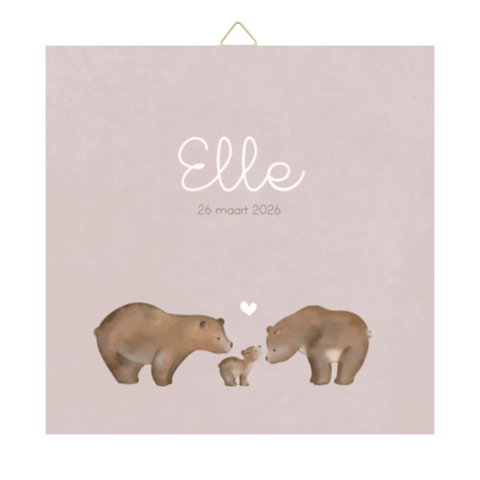 Lieve geboortetegel met roze watercolour en berenfamilie