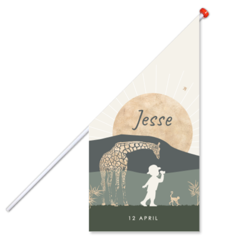 Avontuurlijke geboortevlag met landschap, silhouet en jungledieren
