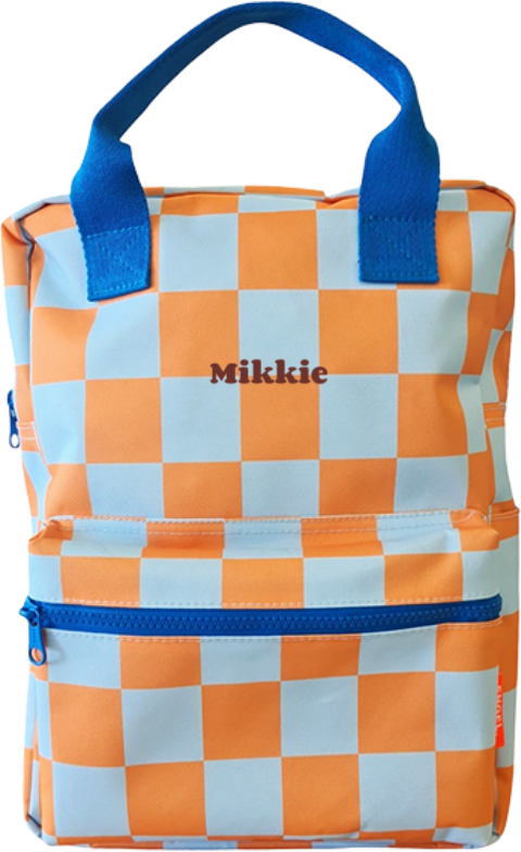 Rugzak met naam blauw oranje geblokt van Engelpunt
