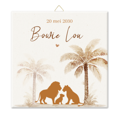 Geboortetegeltje met leeuwenfamilie en palmbomen
