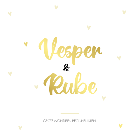 Geboortekaartje tweeling geel hartjes goudkleur