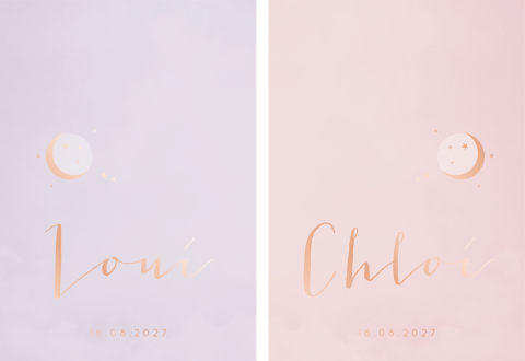 Geboortekaartje Tweeling Set Maantjes Roséfolie
