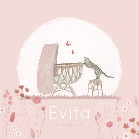 Geboortekaartje Meisje Wiegje Kat Poes Roze