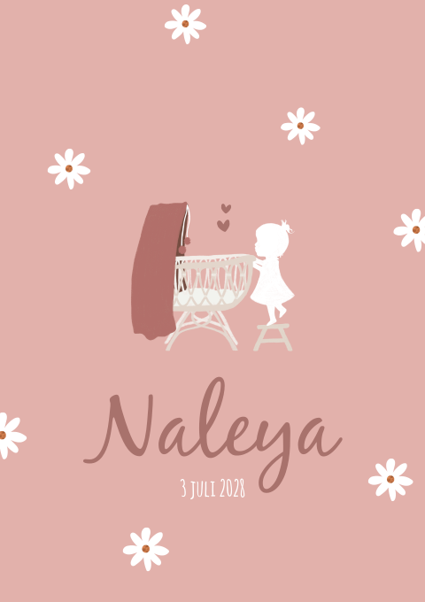 Geboortekaartje Meisje Wiegje Madeliefjes Roze