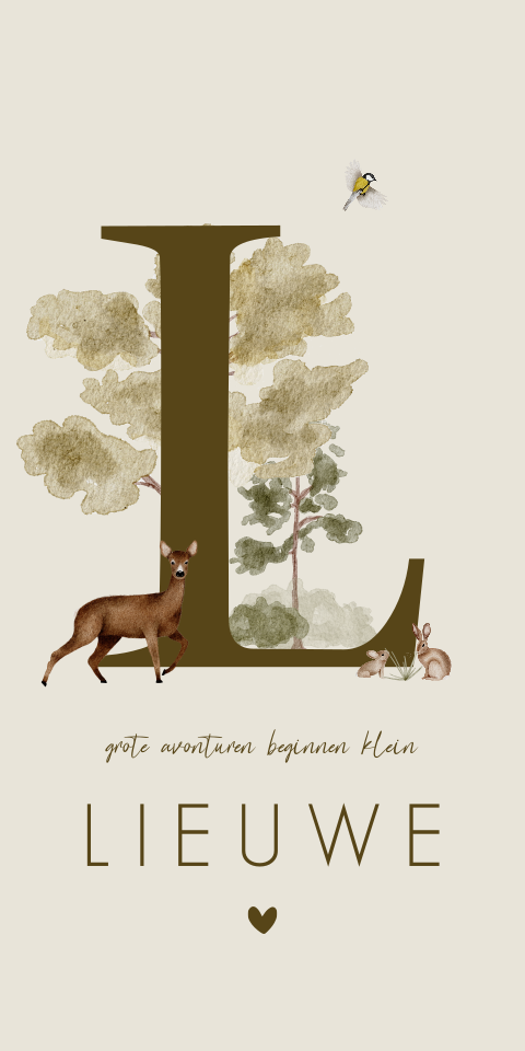 Geboortekaartje Jongen Bosdieren Waterverf Letter