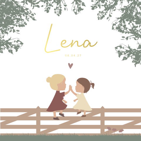 Geboortekaartje meisje zusjes spelen hekje