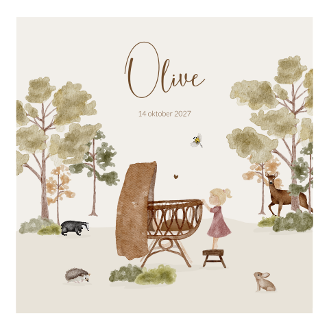 Geboortekaartje meisje waterverf bosdieren wieg