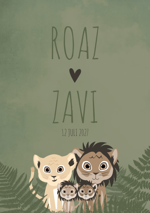 Geboortekaart Tweeling Jungle Leeuwtjes Stoer