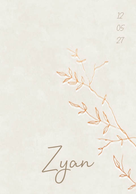 Geboortekaartje Jongen Beige Takjes Koperfolie