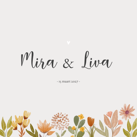 Geboortekaartje tweeling waterverf bloemen lief lente