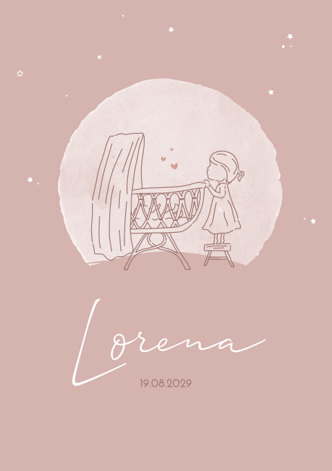 Geboortekaartje Meisje Wiegje Maan Lijntekening Zusjes