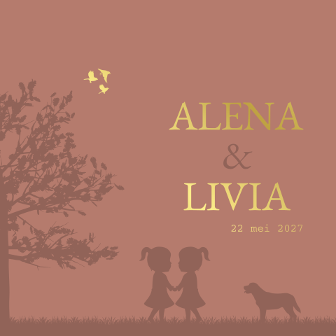 Geboortekaartje tweeling Hond Roze goudfolie