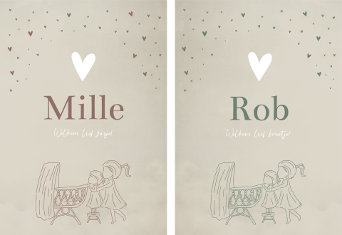 Geboortekaartje tweeling set lijntekening Wiegje