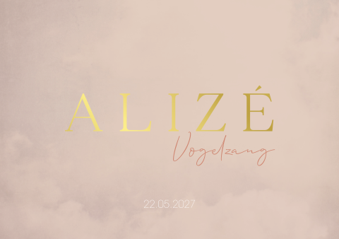 Geboortekaartje meisje zalmroze goudfolie gewolkt