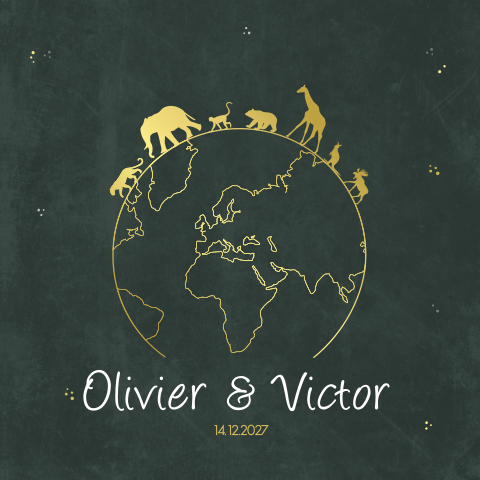 Geboortekaartje tweeling dieren wereldbol