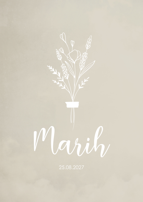 Geboortekaartje meisje boeket bloemen beige