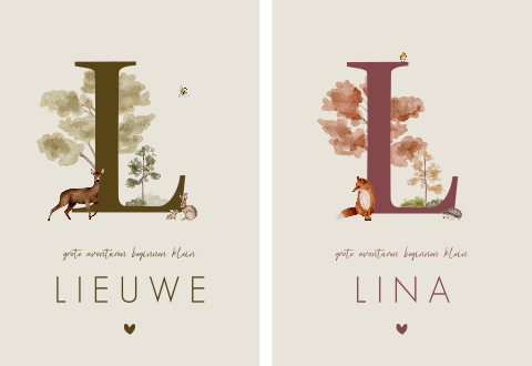 Geboortekaartje Set Tweeling Bosdieren Waterverf