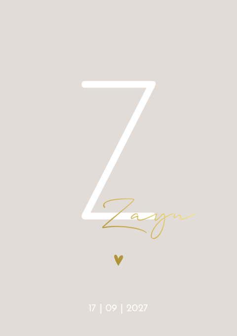 Geboortekaartje Jongen Beige Goudfolie Initiaal